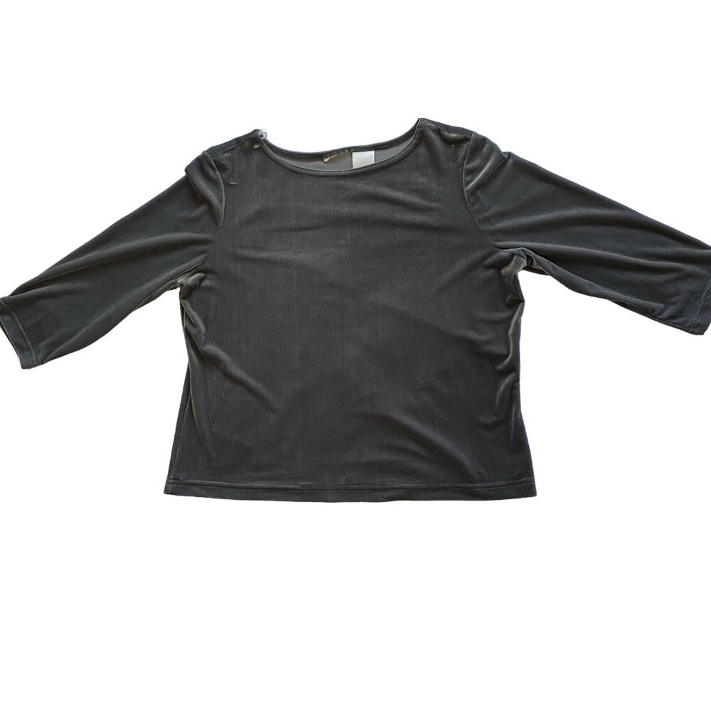 VINTAGE Silver Velvet Stretch 3/4 Sleeve Top Y2K Holiday Glam Petite L - Picture 6 of 11